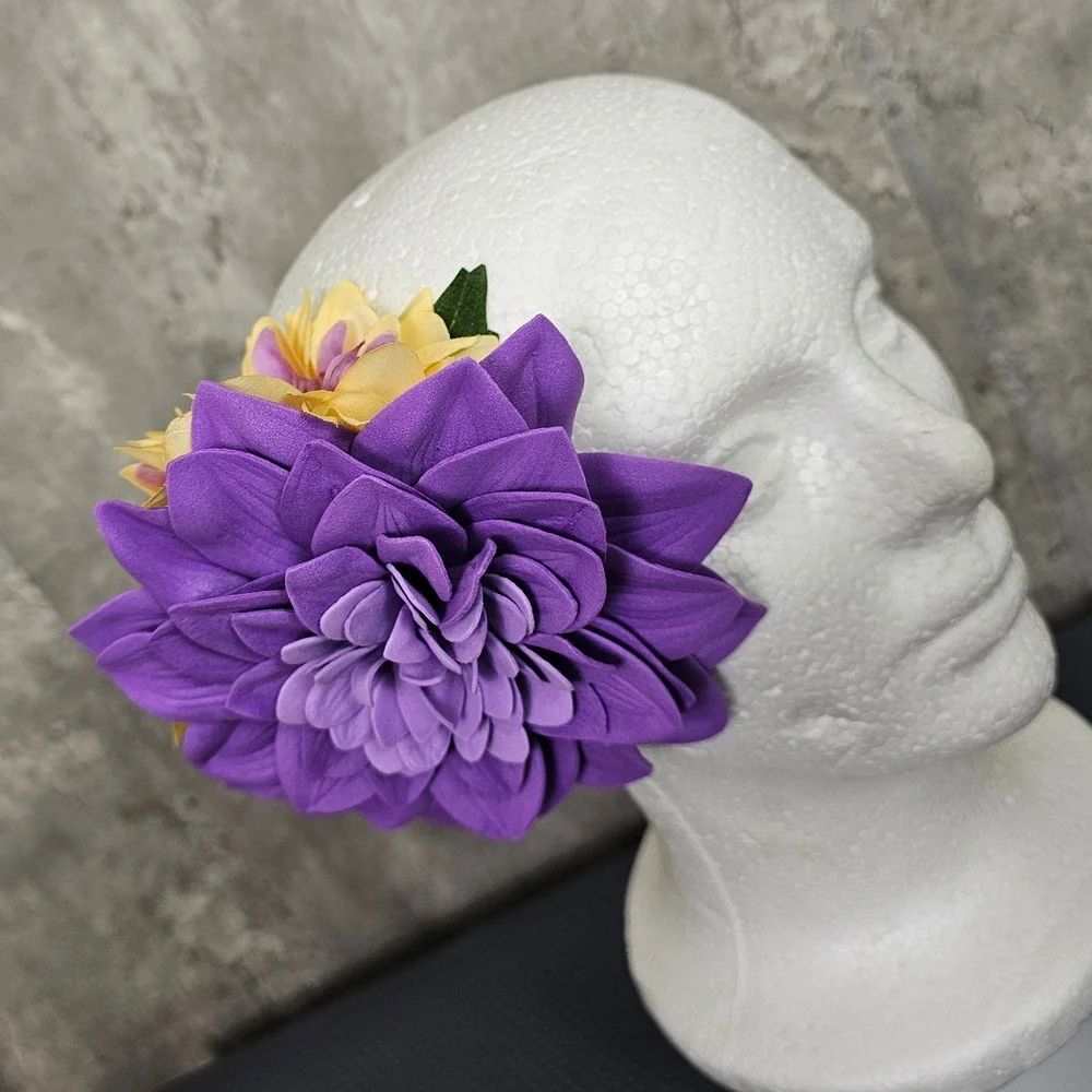 Floral Hair Clip Purple Yellow Dahlia Flower‎ Fascinator Wedding Races Tiki VLV